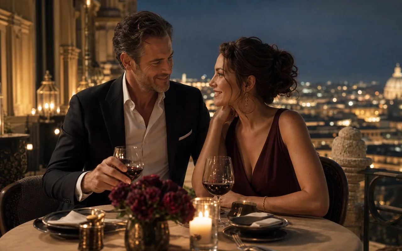 Elegant couple enjoying a candlelit dinner on a luxury hotel terrace