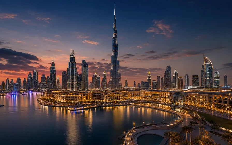 Dubai skyline and waterfront at twilight