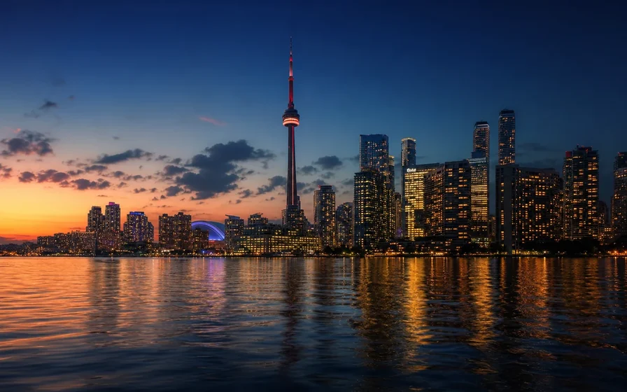 Toronto skyline from the waterfront at twilight